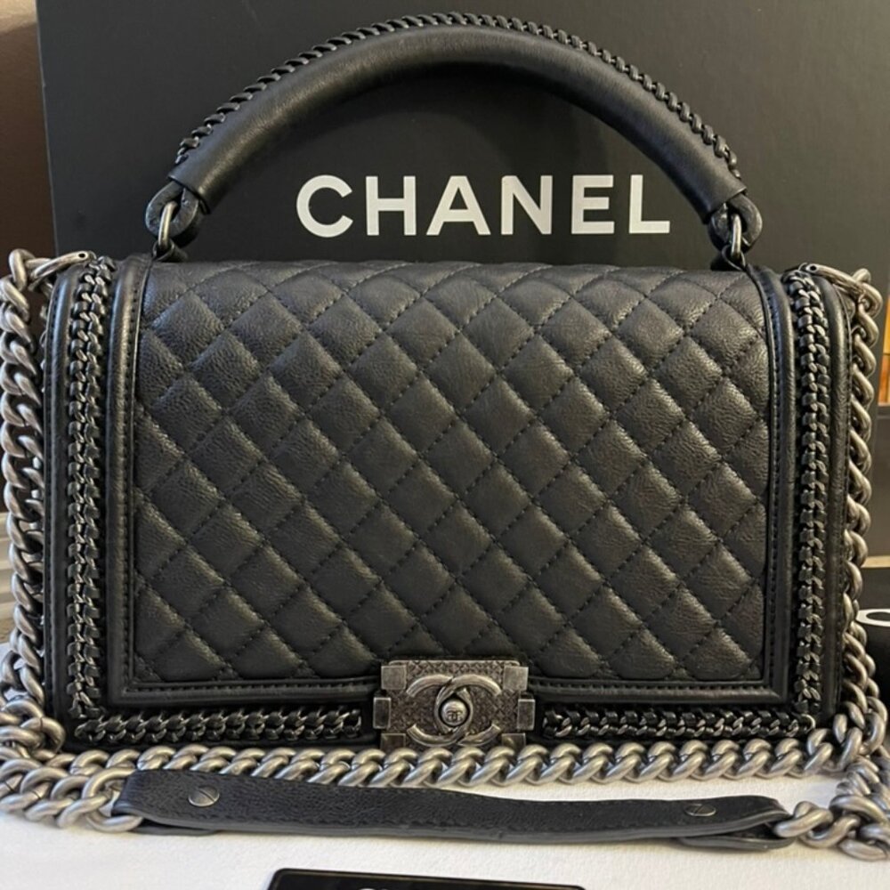 CHANEL Calfskin Quilted Medium Boy Top Handle Chain Flap Black